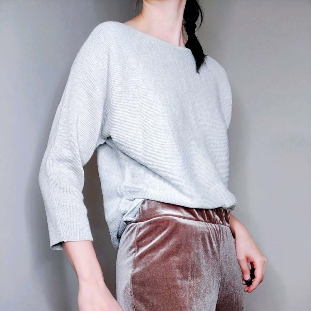 H&M Ribbed Cropped Sleeves Gray Top